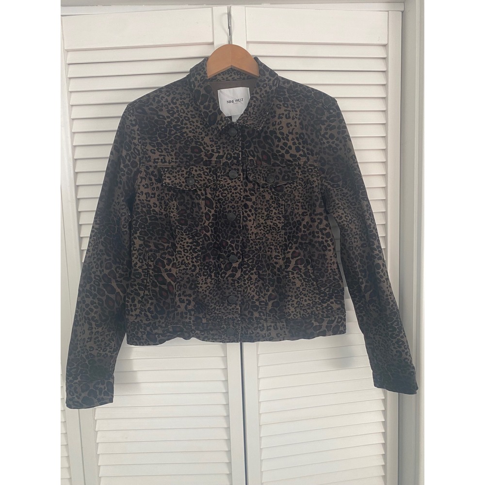 Nine West Jeans Leopard Print Denim Trucker Jacket Brown Black Large